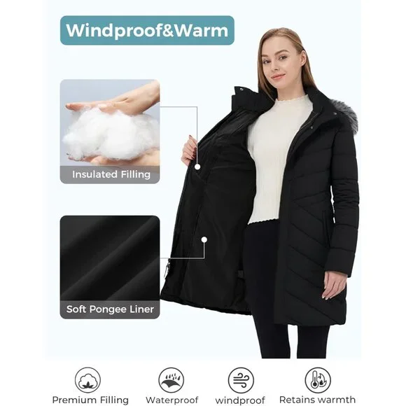 Women's Long Winter Coat Waterproof Warm Quilted Puffer Jacket with Faux Fur Hoo